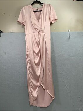 Skue Blush Satin Wrap Midi Dress with Draped Front